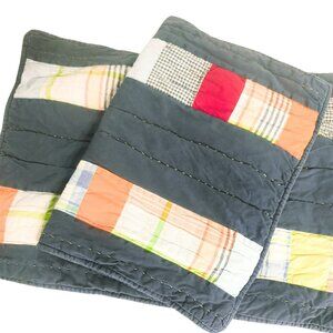 Pottery Barn Kids Plaid Patchwork Quilted Pillow Shams Set of 2 26x20in Navy